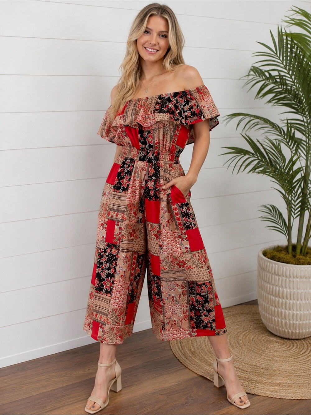 Umgee Patchwork Floral Off Shoulder Cropped Jumpsuit Boho Wide Leg L NWT